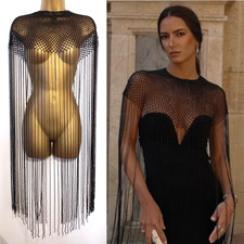 Zara Black Long Beaded Fringe Cape Size M One Size Approx Fit Size 6 8 10