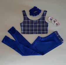 (#139) Age 5/7 Highland Dance Crop Top/Leggings/Scrunchie Heather Tartan/Royal 