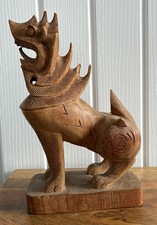 Hand Made Carved Wooden Temple Lion Foo Dog Chinthe Guardian Bali Thai  11”