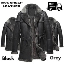 Men's Warm Winter Bomber Sheep Leather Jacket RAF Aviator Pilot Flying Overcoat