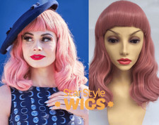 DELUXE PINK WAVY CURLY MID LENGTH WIG WITH BLUNT FRINGE BANGS, ROCKABILLY, 50s