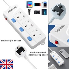 2M 3Gang Way UK Mains Plug Power Extension Lead Cable Electric Socket~