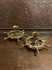 Set of 2 Vintage Brass Nautical Ships Wheel Helm Candlestick Holders