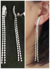CLIP ON 3.2" Long RHINESTONE Sparkly Tassel Earrings Diamante Chandelier 8.5cmCL