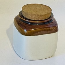 Vtg Stoneware Square Jar  Cork Lid  3 Tone Salt Glazed Earthenware Storage Retro