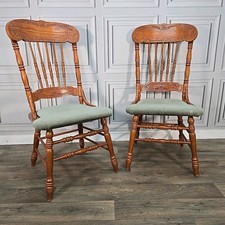 Vintage Pair 2 Oak Carved Spindle High Back Dining Chairs Upholstered Seats Wood