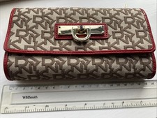 Ladies DKNY Purse/Wallet Red Leather Trim With Brown Fabric Body Good Condition
