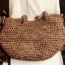 Vintage woven raffia tote bag – boho beach shopper – leather strap 42 cm