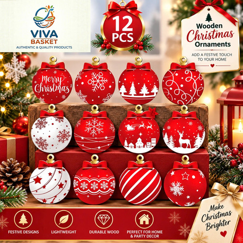 12pcs wooden christmas bauble - wooden,