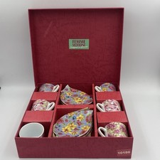 Vintage Porcelain Coffee Cup Set in Original Box, 6 Cups 6 Saucers Floral Design