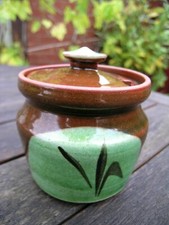 Handthrown green brown earthenware studio pottery jam preserve pot leaves design