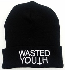 ALL SEASON BEANIE HAT **WASTED YOUTH** BLACK HAT WITH WHITE TEXT 