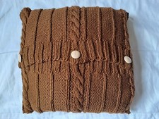 Hand Knitted Brown Aran Cable Football Buttons Cushion Cover approx 30 x 30cm