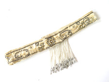 Vintage 1920s deco style cream velvet silver beaded fringing head band accessory