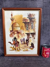 Beautiful Framed Oil Painting Arabic Town Scene Mosque Camels People by Muhamd