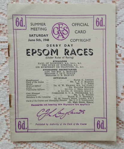 1948 epsom derby race - 1948, card