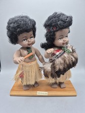 Mid Century Vintage New Zealand Maori Folk Art Dolls On Base, Kitsch Retro Decor