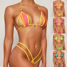 US Women's Sexy Bikini Set Cutout Bra Micro Mini G-String Lingerie Set Swimsuit⇓