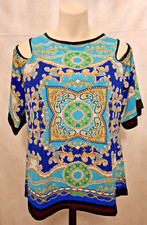 Susan Graver Women Size M 12-14Blue Chain Print Cold Shoulder Liquid Knit TopVGC