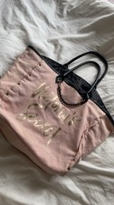 vintage victoria secret pink tote bag with gold writing and hardware