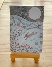 ACEO original illustration of a hare. ‘Fun in the Snow.’  ‘Signed.’ KB