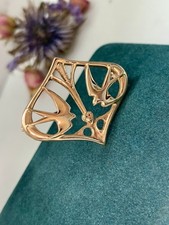Ola Gorie 9ct Gold Brooch, Swallows with Love Heart, Art Nouveau Inspired