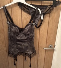 Basque & Matching Brief Set Black & Silver Grey Lace 36 DD