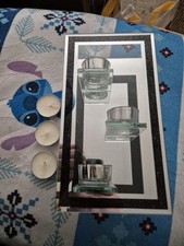 Waterfall Mirror Glass Triple Tea Light Black Silver Glittery Candle Holder