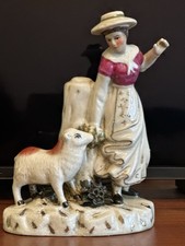 Antique Staffordshire Pottery Figure – Shepherdess with Lamb – 19th Century 18cm