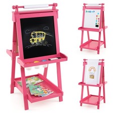 COSTWAY Foldable Easel Kids 3-in-1 Double-sided Art Easel w/Chalkboard-Pink