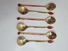 Vintage  Gold Plated Coffee Spoons With Red Enamelled Inlay. Boxed .