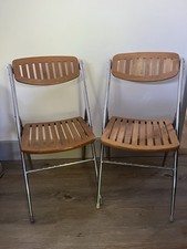 PAIR OF Oak Slatted And Chrome MID CENTURY FOLDING CHAIRS RETRO MCM Vintage 70s