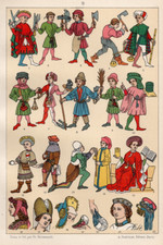MEDIEVAL TRADES - Professions Workers Tools Costumes Hats 1896 Antique Print