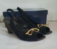 Luc Berjen Wedges. Black suede with gold bow detail. UK 6
