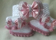 Hand knitted Romany Bling baby girls booties/shoes/Crochet headband.0-3 months