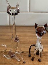 Two Handcrafted Lamp-work Glass Cats With Purple & White Features.