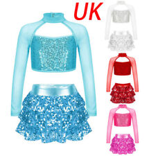 UK Kids Girls Crop Tops w/Skirts Longsleeve Dance Outfits Cheerleading Party