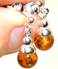 silver amber earrings 925 sterling silver cognac dropper drop ball bead stud