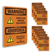 Watch For Moving Equipment Bilingual OSHA WARNING Sign Or Decal - 5 or 10 Pack