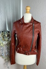 Bershka Rusty Brown Faux Leather Biker Jacket Size M (UK 10) Zip-Up + Belted hem