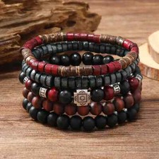 5pcs Set Mens Womens Red Black Brown Beaded Retro Wooden Wristband Bracelet