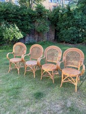 Vintage 70s Retro Boho Rattan Bamboo Woven Seat Garden Dining Chairs Set of 4
