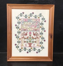 Beautiful Framed & Glazed Needlework Sampler Alphabet & Floral Decor 16.5” X 13”