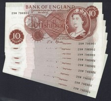GB QEII - 1967 FFORDE B309 - 10s TEN SHILLINGS BANKNOTES - 9x CONSECUTIVE NOTES