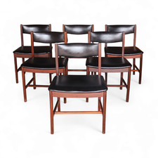 Set Of Six Mid Century Teak Archie Shine Black leather Upholstered Dining Chairs