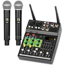 4 Channel USB Audio Mixer Bluetooth with 2x Wireless Microphone for DJ Karaoke
