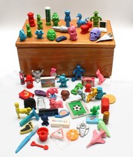 Vintage 1980s Job Lot Novelty Erasers Rubbers  Approx 60 + Wooden Storage Box