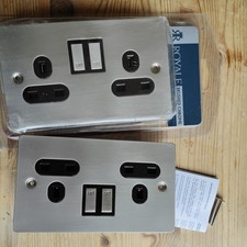 2 x ROYALE Brushed Chrome 2G Switched Socket 13a 230v. Double Socket FLAT PLATE 