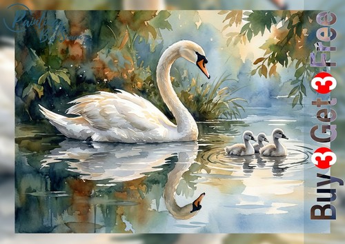Swan and cygnets - and, watercolor