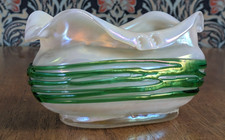 Bohemian Art Nouveau Iridescent Art Glass White Green Bowl Vase Antique Kralik